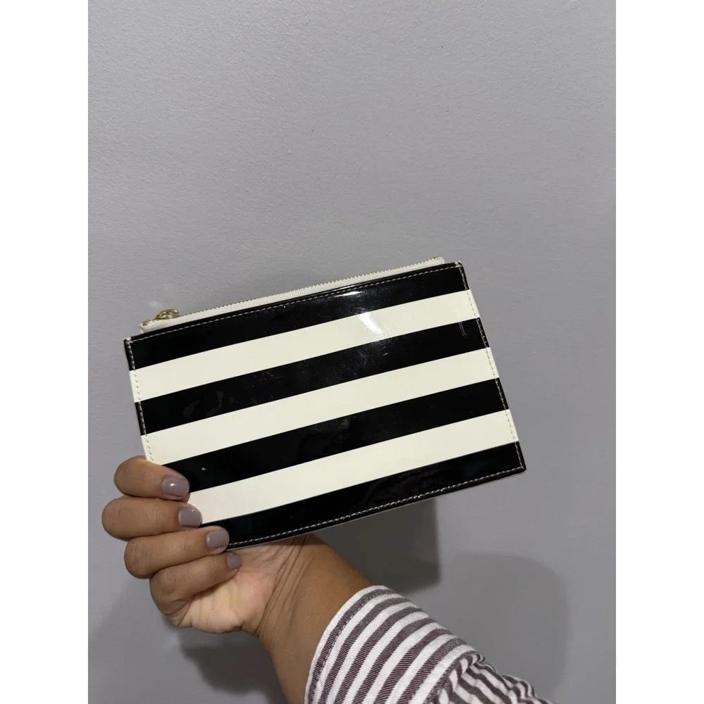Kate Spade NY Black White Stripe Pencil Pouch Cosmetic Bag Pink Lining T